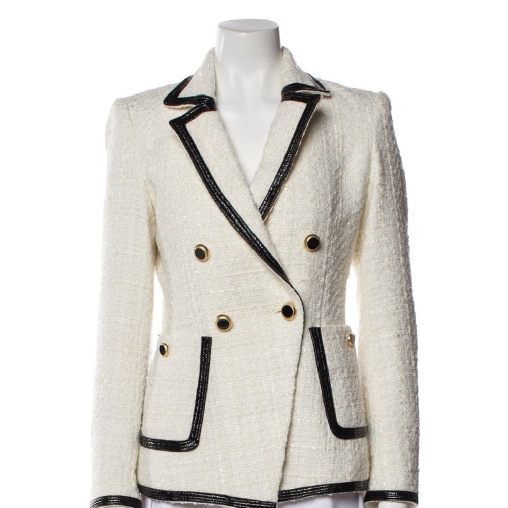 Veronica Beard Cream Double-Breasted Blazer with Black Trim